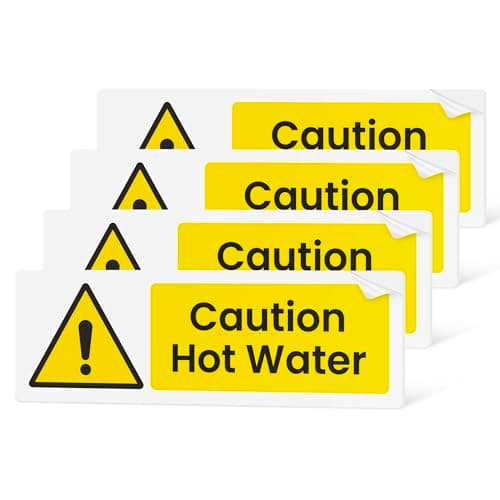 Image of Caution Hot Water Stickers | 4 Pack | 15 x 5cm | Self Adhesive Safety Signs | Gloss Finish