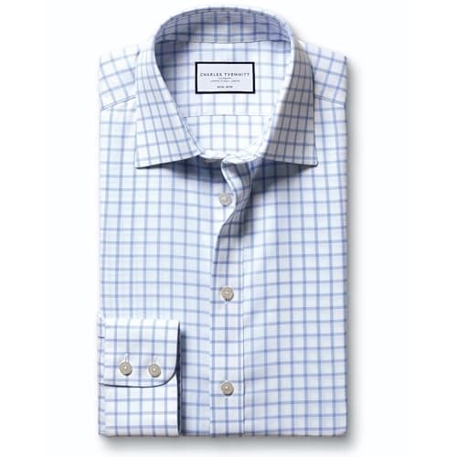 Image of Charles Tyrwhitt Checked Shirts for Men - Non Iron with 100% Cotton Twill - Formal Dress Shirt for Work, Business & Weddings Sky