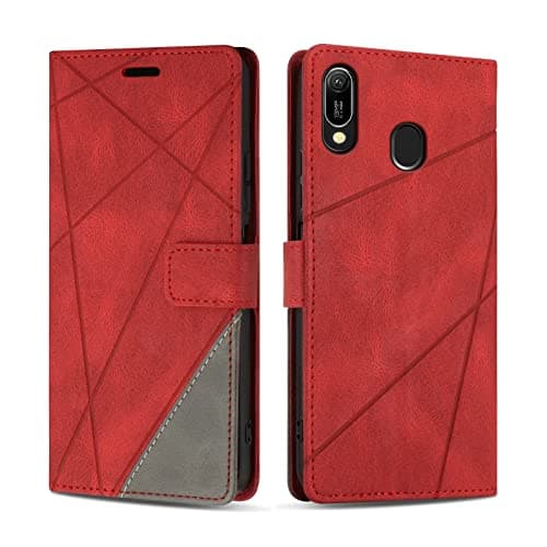 Image of SONWO Case for Huawei Y6 2019, PU Leather Flip Wallet Case Magnetic Closure Cover Card Slots Phone Case for Huawei Y6 2019, Red