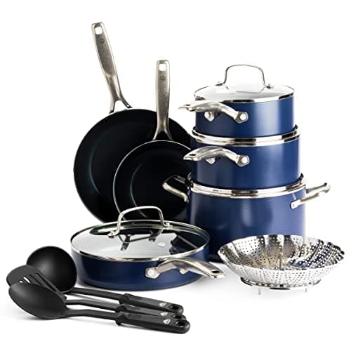 Image of Blue Diamond Cookware Diamond Infused Ceramic Nonstick 14 Piece Cookware Pots and Pans Set, Includes Frying Pans, Sauté, Saucepans, Strainer, Stockpot, Utensils, PFAS-Free, Oven Safe, Blue