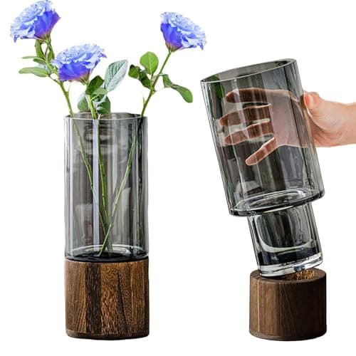 Image of Glass Vase Cylindrical Smoked Grey Flower Vase with Wooden Base Plant Vases for Pampas Grass Dried Flowers, Boho Rustic Style Vases for Wedding Home Decor Table Centerpieces 10Inch/25Cm Tall (Clear)