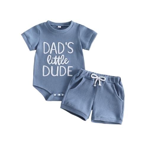 Image of Loalirando Baby Boy Summer Clothes 2-Piece Waffle Outfit Set Letter Embroidered Short Sleeve Romper Elastic Waist Shorts Set for Newborn Infant Boys (Blue, 0-3 Months)