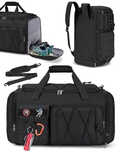 Image of RAINSMORE Sports Gym Bag for Men Women, 45L Large Duffel Bag with Shoe Compartment and Wet Pocket, Water Resistant, 3-in-1 Travel Holdall Weekender Black
