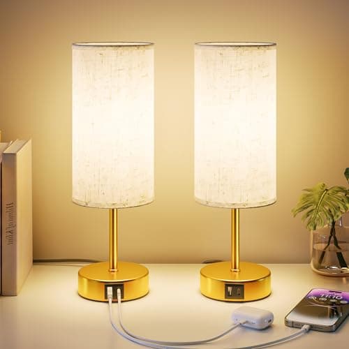 Image of UPXNBOR Bedside Lamps Set of 2, Table Lamp for Bedroom/Living Room/Study Room/Office with USB A+C Ports, Reading Light, Desk Lamp, 1.5m Cable, Linen Fabric Shade, Gold Metal Base (E27 Bulb Incl.)