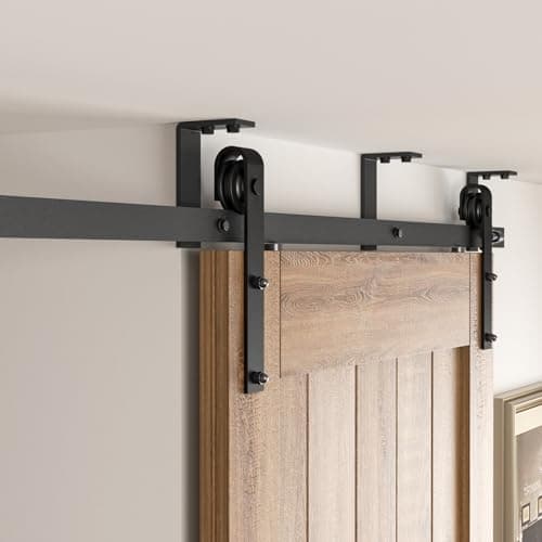 Image of CCJH 7FT Ceiling Mount Bracket Sliding Barn Door Hardware Kit Black,Strong Bearing, Low Ceiling L-Shape Bracket System, Fit 42" Wide Single Door Panel (Basic Style)