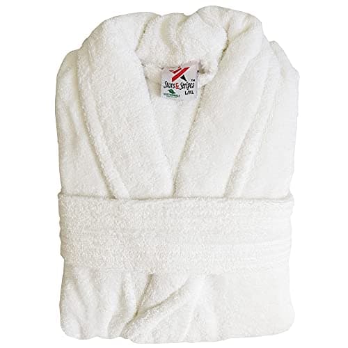 Image of Stars and Stripes Organic Ecological Sustainable White Cotton Terry Towel Plain Bathrobe (L/XL)