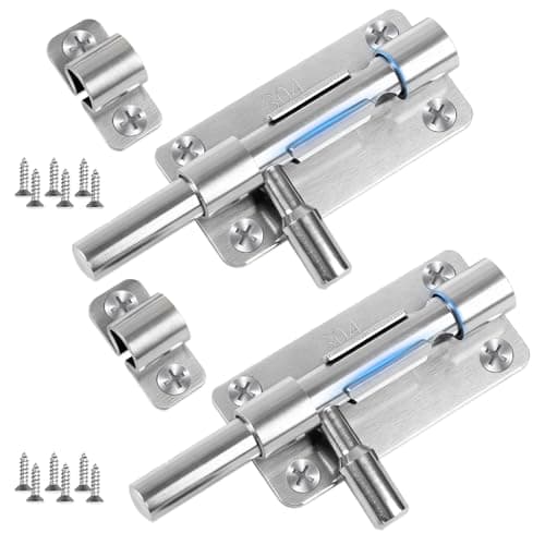 Image of 2 Set Door Lock Bolt, 4 Inch Bolt Lock Stainless Steel Heavy-Duty Gate Bolt, Silver Door Latch Security Slide Bathroom Lock with Screws, Door Bolts for Internal Doors, Garden Sheds, 100mm