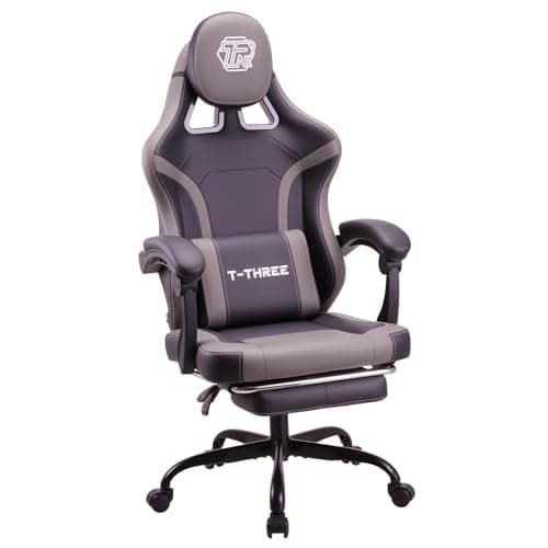 Image of T-THREE.Ergonomic high-back gaming, computer, office, study, swivel, and racing-style chair with adjustable lumbar and headrest support, 150kg weight capacity, ideal for home office(Grey)