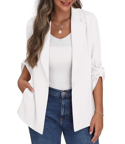 Image of PrinStory Womens Blazer Casual Adjustable Sleeve Open Front Blazer Pockets Work Suit Office Jacket For Ladies (White, 12-14)