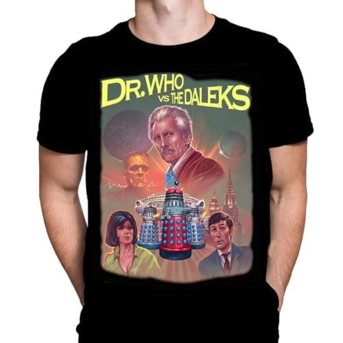Image of Wild Star Hearts - Dr Who Vs Daleks - Retro Nostalgic Graphic Tee 70s Sci-Fi TV Merch Mens Black Cotton Graphic Tee