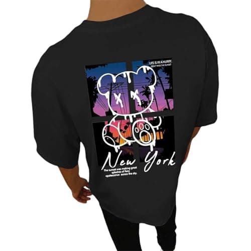Image of Mens T Shirt Back Print Summer Short Sleeve Tshirts Fashion Motif Clothing Retro Cotton Casual Shirt Boys Tee Crew Neck Outfit Lightweight Tops 02B#Black XX-Large