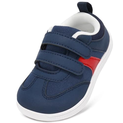 Image of STQ KIDS Toddler Trainers Boys Girls Kids School Shoes Wide Toe Box with Hook and Loop Zero Drop Walking Shoes Lightweight Non Slip Casual Sports Running Tennis Sneaker Navy White UK 7 / T7