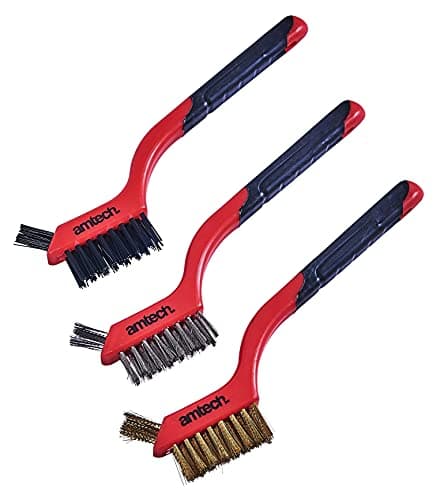Image of Amtech S3535 Brush Set for Intricate Cleaning, 3-piece set includes Nylon, Brass and Steel Brushes, each with 2-in-1 Mini Brush Head