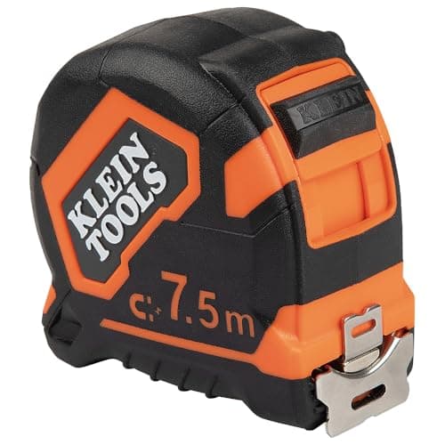 Image of Klein Tools 9375 Tape Measure, Heavy-Duty Measuring Tape with 7.5 m Metric Double-Hook Double-Sided Nylon Reinforced Blade, Metal Belt Clip