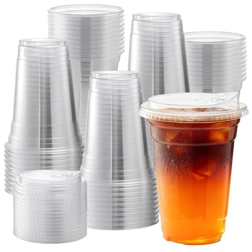 Image of Goodluck Plastic Cups with Lids,50 Pack 16oz/454ml Clear Cold Drinks Iced Coffee Plastic Cup for Smoothies, Milkshakes,Iced Tea - Summer, Party, Picnic,Takeaway Essentials