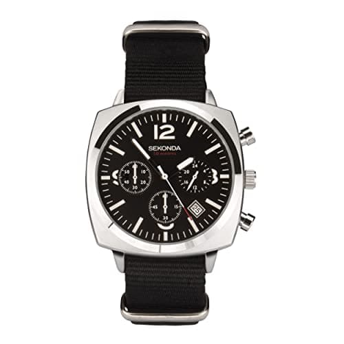 Image of Sekonda Airborne Mens 40mm Quartz Watch in Black with Chronograph Date Display, and Black Canvas Strap 1989
