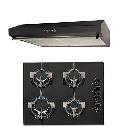 Image of SIA 60cm 4 Burner Black Gas On Glass Hob & Slim Visor Cooker Hood Extractor Fan