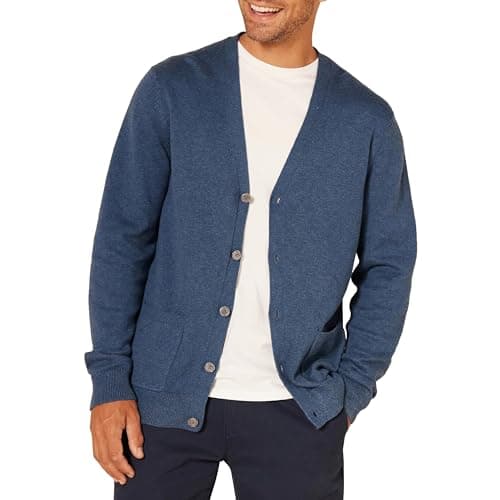 Image of Amazon Essentials Men's Cotton Cardigan Sweater, Blue Heather, Large