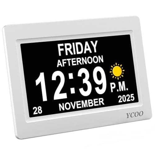 Image of YCOO Dementia Clock, Day Date Digital Clock with Sun/Moon Icons, Large Clear Digital Display, Auto DST, 7 Display Modes, Wired Power Supply Clocks. (7 Inch White)