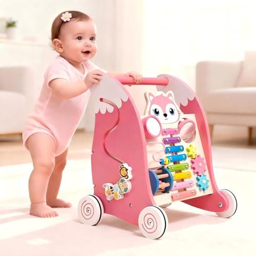 Image of EULEUY Wooden Baby Walker for Kids,Baby Learning Push Walker with Activity Game Center Storage Basket and Wheels,Educational Toy Birthday Gifts for Boys Girls Toddlers 6 Months+