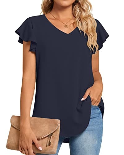 Image of TAOHUADAO Womens Plus Size Summer Casual Dressy Shirts V Neck Tunic Ruffle Short Sleeve Chiffon Tops Comfy Blouse 2X-Large, Navy Blue