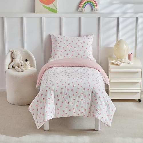 Image of DuShow Cot Bed Duvet Cover Set,Toddler Bedding Set For Girls And Girls And Boys- Pink Heart Kids Bedding,Cot Duvet Cover & Pillow Case Set - 120x150cm