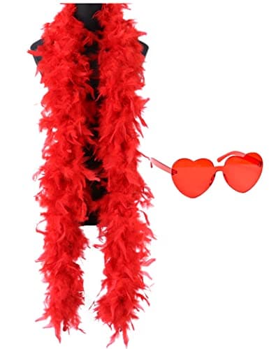 Image of db11 Colorful Feather Boas, 6.6ft Feather Boa for Women for Dancing Wedding Party Cosplay Halloween,with Heart Rimless Sunglasses (Red)