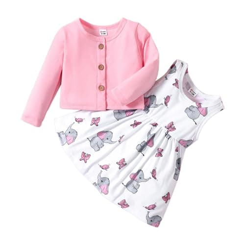 Image of PATPAT Baby Girls Dress and Cardigan Sets 2 PCS Baby Girl Animal Print Dress and Long Sleeve Cardigan Set
