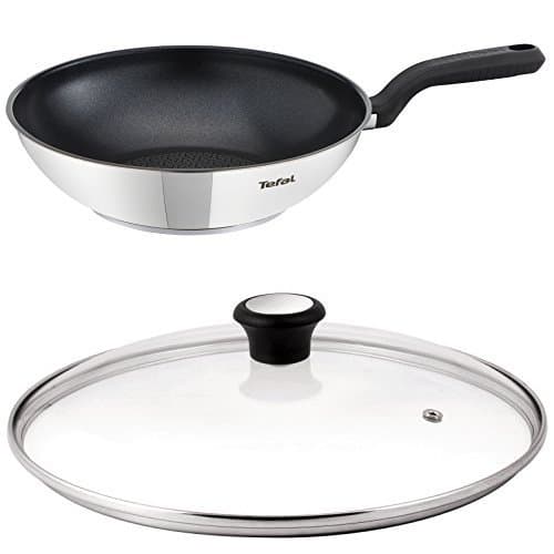 Image of Tefal Comfort Max Stainless Steel Non-stick Wok, 28 cm - Silver & Compatible Glass Lid, 28 cm - Transparent