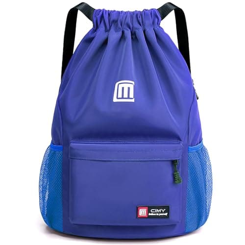 Image of Tesmien Drawstring Bags,Waterproof Swimming Bags Unisex Sports Backpacks for Kids Adult, Large Drawstring Sackpacks Bags for School Gym Sports Travel Swimming-Blue
