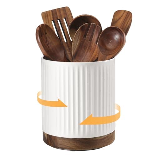 Image of DOWAN Rotating Kitchen Utensil Holder, Ceramic Utensil Holder for Kitchen, Large Utensil Storage Container for Cooking Spoons, White Utensil Holder Organizer with Relief, Sesame Glaze