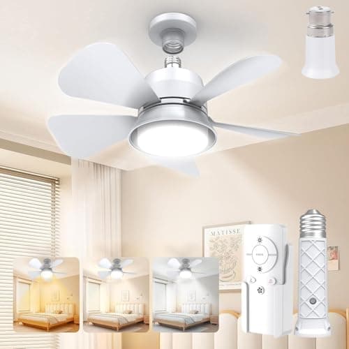 Image of HZSANUE Ceiling Fan with Lights and Remote Control, E27 B22d Base, Small LED Ceiling Fan Lamp, 3 Fan Speeds, 3 Colors Dimmable, for Bedroom, Kitchen, Living Room, Pack of 1