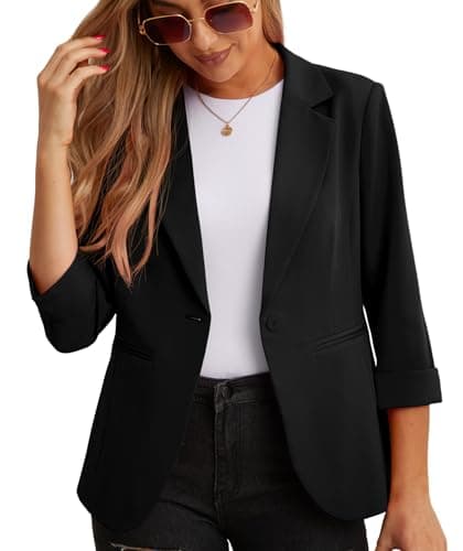 Image of GRECERELLE Womens Blazers Casual 3/4 Sleeves Jackets Suiting & Blazers Notched Lapel Solid Elegant Coat Work Office Formal Top Outerwear with Pockets Buttons for Women UK (A01 Black, 10)