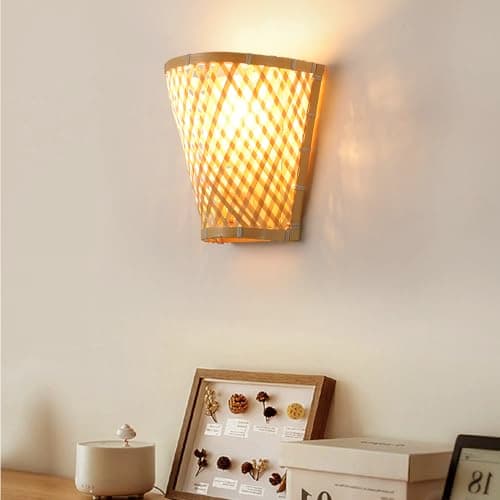 Image of Schindora Boho Wall Lights Bamboo,Rustic Wall Light Basket Shape Wall Lamp E27 Hand Made Vintage Wall Lights for Living Room Bedside Dining Room Bedroom Home