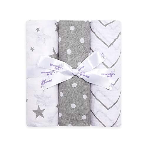 Image of Bloomsbury Mill - Baby Swaddle Blanket - Soft 100% Organic Cotton Swaddles for Newborn - Large Muslin Cloths for Baby - Pack of 3 - Essentials for Newborn - Grey & White - 120x120cm