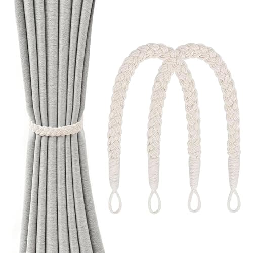 Image of 2 Pack Natural Cotton Rope Curtain Tiebacks Hand Knitted Curtain Ties Elegant Boho Style Decorative Drape Tie Backs for Home & Office Drapery (Beige)
