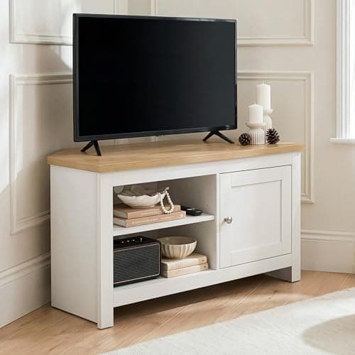 Image of Blisswood Corner TV Unit for 35–40 Inch TVs, Space Saving TV Stand Cabinet with Storage, Adjustable Shelves, Soft Close Door, Oak Effect Top, Wooden Entertainment Unit for Living Room Bedroom, White