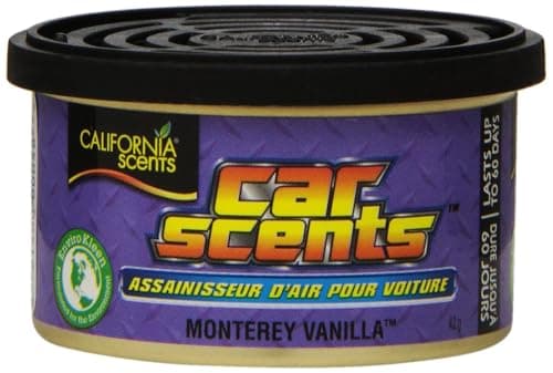 Image of California Car Scents CCS-405TR Air Freshener, Monterey Vanilla Car Scents (Pack of 4) Lasts up for 60 Days Refreshing Fragrance, Environmentally Friendly, Light Weight Organic Product Recyclable, Adjustable Vented Lid, Tray of 4 Canisters