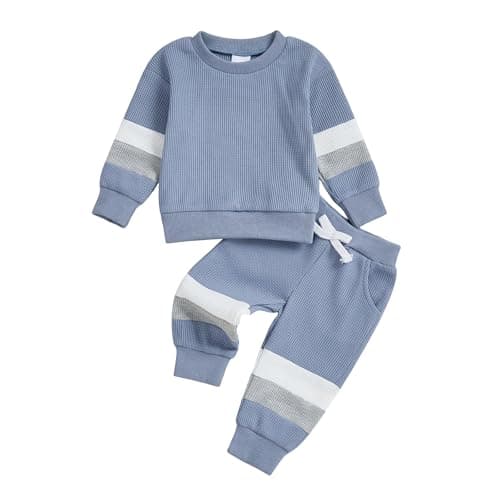 Image of Carolilly Toddler Baby Boys Waffle Knit Set, Long Sleeve Colour Block Pullover and Jogger Pants (Blue, 6-12 Months)