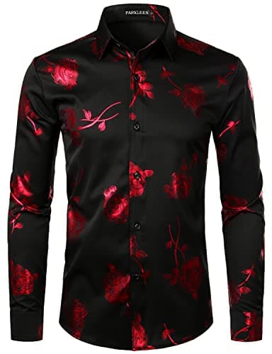 Image of PARKLEES Men's Shiny Gold 3D Rose Print Slim Fit Button Down Dress Shirt for Nightclub Party Black Red M