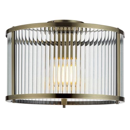 Image of National Lighting Riley Flush Ceiling Light 310mm Antique Brass - Elegant Flush Mount Ceiling Light with Clear Ribbed Glass Shade – Dimmable E27 LED Lamp Fitting - Bulb Not Included