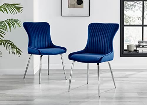 Image of Furniturebox UK 2x Nora Blue Velvet Dining Chairs – Silver Chrome Tapered Legs – Modern Wingback Style – Padded Velvet Upholstered Kitchen & Dining Room Chairs