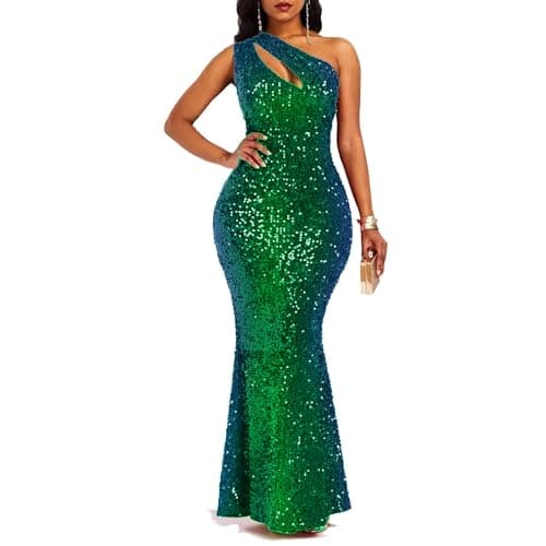 Image of VERWIN Sequins Fashion Sleeveless Oblique Collar Mermaid Women's Maxi Dress Bodycon Dress Party Dress L Green