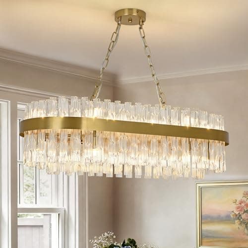 Image of KUNYEEE Gold Crystal Chandeliers Flush Mount Crystal Ceiling Light Fixture Round Chandeliers Pendant Light for Living Room Kitchen Island Dining Table Hallway, G9 x 16 Lights 80x35 cm