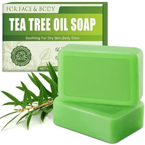 Image of Tea Tree Oil Soap Bar, Antifungal Soap, Body Acne Cleanser, Natural Face Wash, Soothes Itchy Skin, Removes Body Odour, Daily Hygiene for Men & Women, 100g