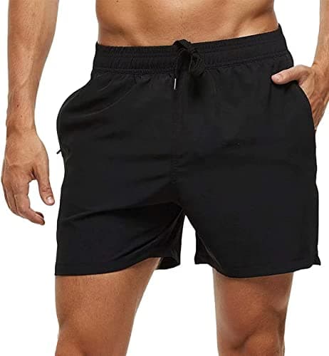Image of YuKaiChen Men's Swim Shorts Swimming Trunks Board Shorts Water Repellent Quick Dry Surfing Beach Shorts with Zipper Pockets and Mesh Lining Size 34 Black
