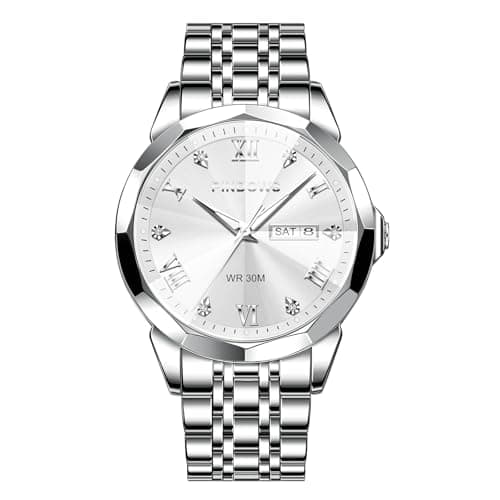Image of PINDOWS Watch for Men Diamond Business Dress Analog Quartz Wrist Watch Luxury Waterproof Luminous Date Two-Tone Stainless Steel Band Classic Fashion Men Watches