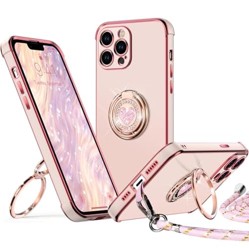 Image of XYZ for iPhone 12 Pro Max Case with Stand, Double Ring Holder Case Heart with Lanyard for Girls Women, Luxury Cute Bling Protective Phone Cover for iPhone 12 Pro Max, Pink