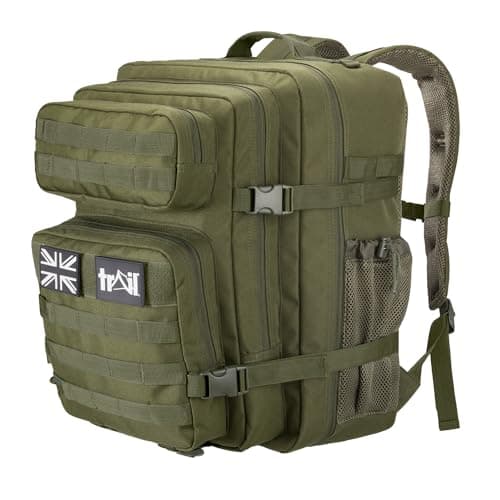 Image of Trail Tactical Backpack 45L, Green Military Army Style Rucksack with MOLLE System, Laptop Sleeve, Full Clamshell Opening, Outdoor Travel Hiking Bag with Padded Back & Adjustable Chest Strap