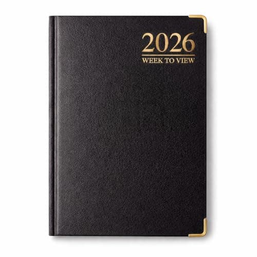Image of 1ABOVE 2026 A5 Week-to-View Diary Premium Hardback Planner with Gilt Edges, Metal Corners & 60 GSM Paper – Elegant Weekly Organizer for Business, Office & Home (Black)